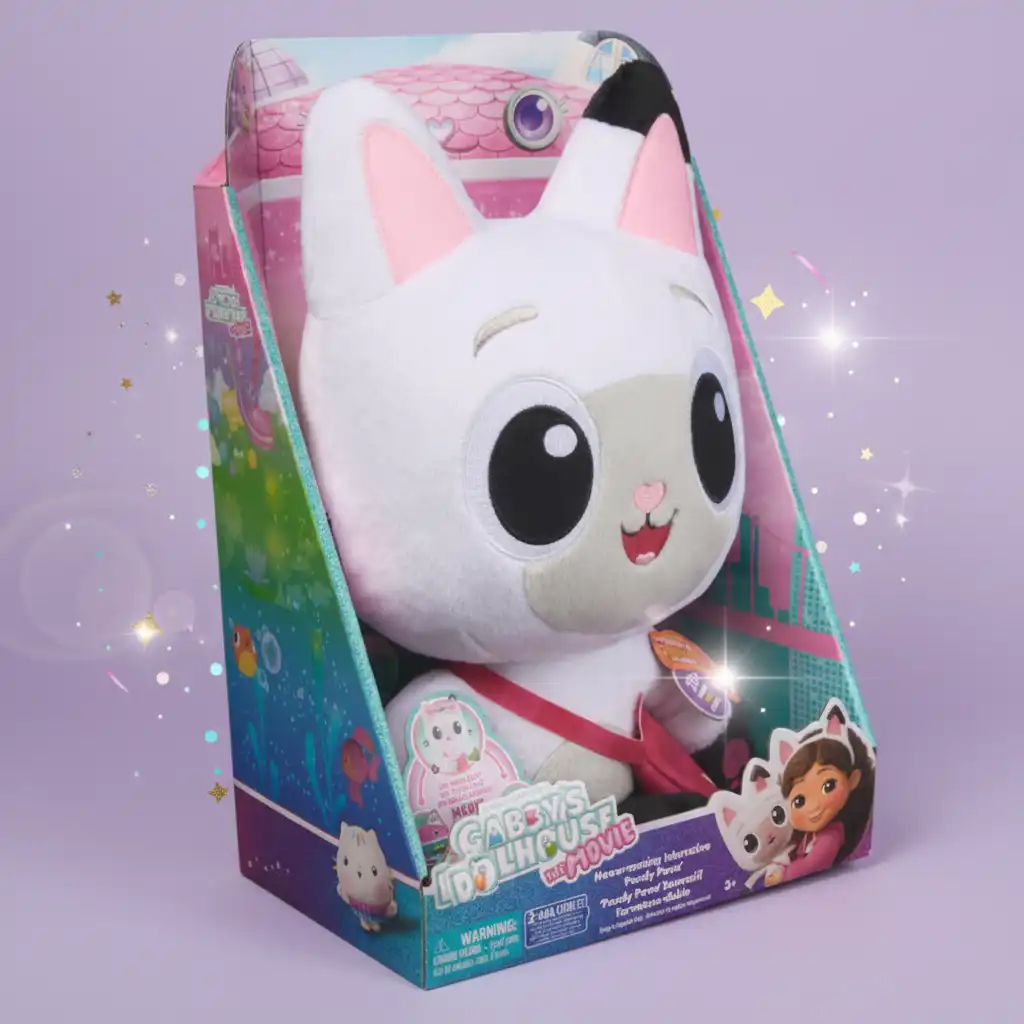 Finition détaillée de la peluche interactive Pandy Pattes avec accessoires.