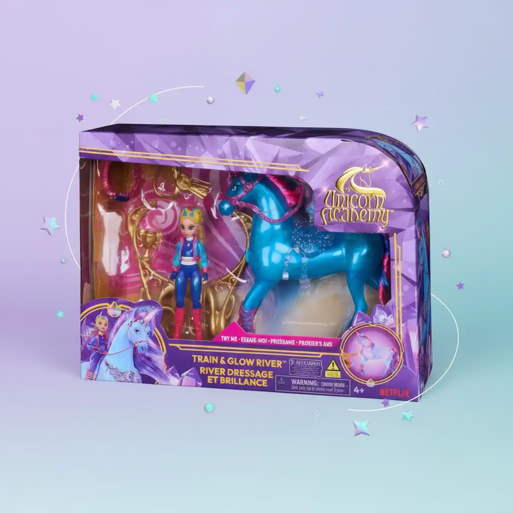 Effets lumineux magiques activés par un joyau sur la poitrine de la licorne.